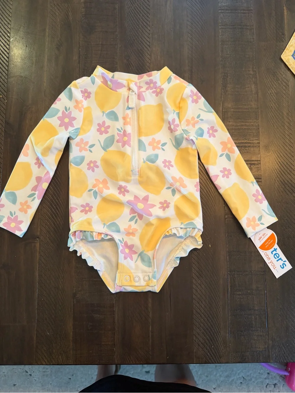 Carter's Long-Sleeve Lemon & Floral Rashguard Bodysuit - Yellow, Pink & Green